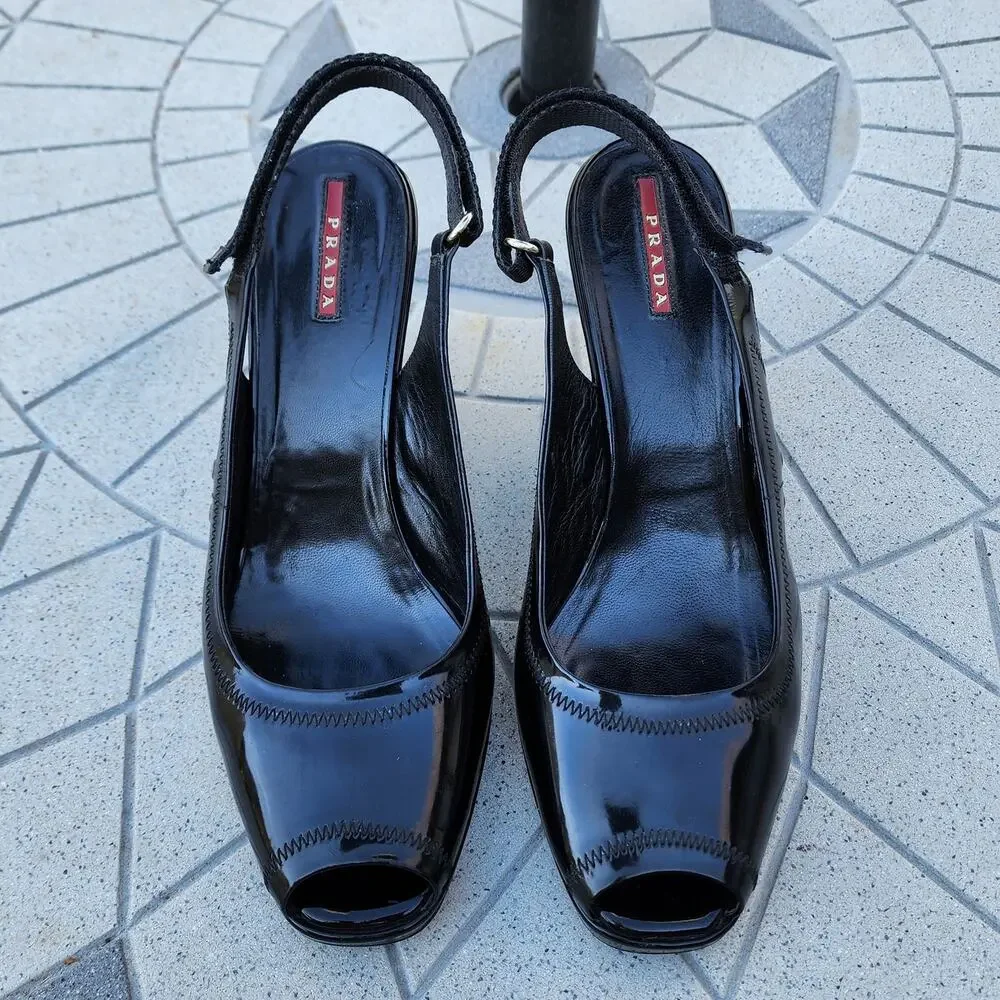 Prada Black Sport Patent Leather Peep Toe Wedge Slingback Sandals 41